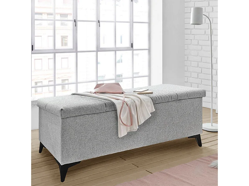 Banc / Bout de lit avec coffre de rangement tissu gris chiné - AISHA