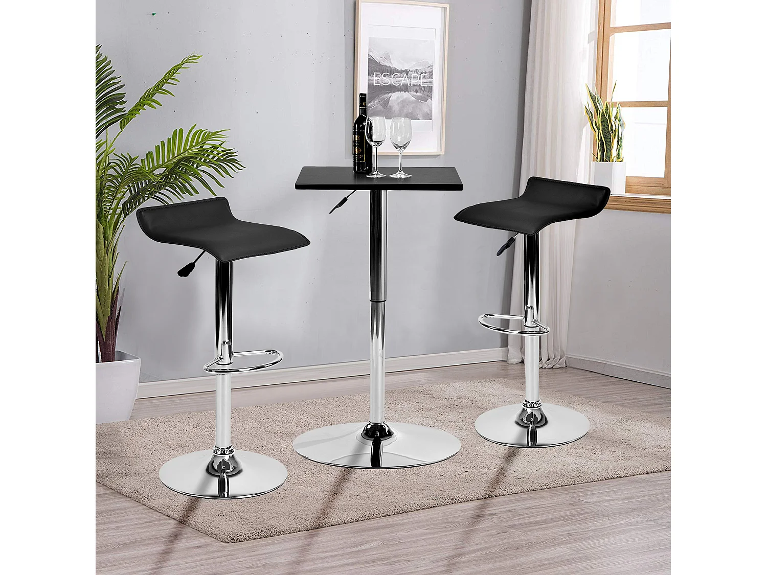 Lot de 2 tabourets de bar pivotants réglables en cuir PU noir avec base chromée et repose-pieds