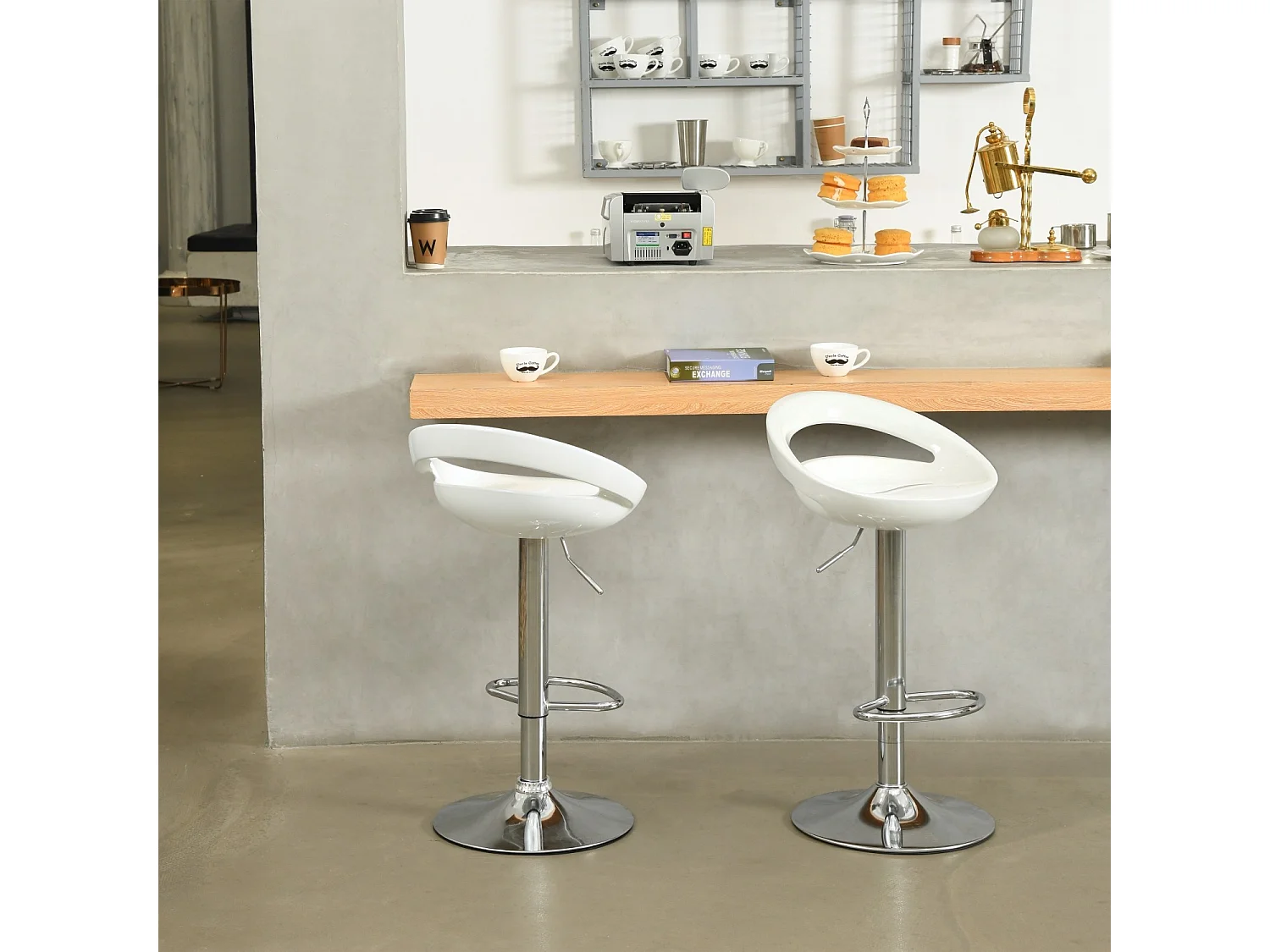 Lot de 2 tabourets de bar pivotants réglables en hauteur ABS blanc brillant ergonomiques profilés avec repose-pieds