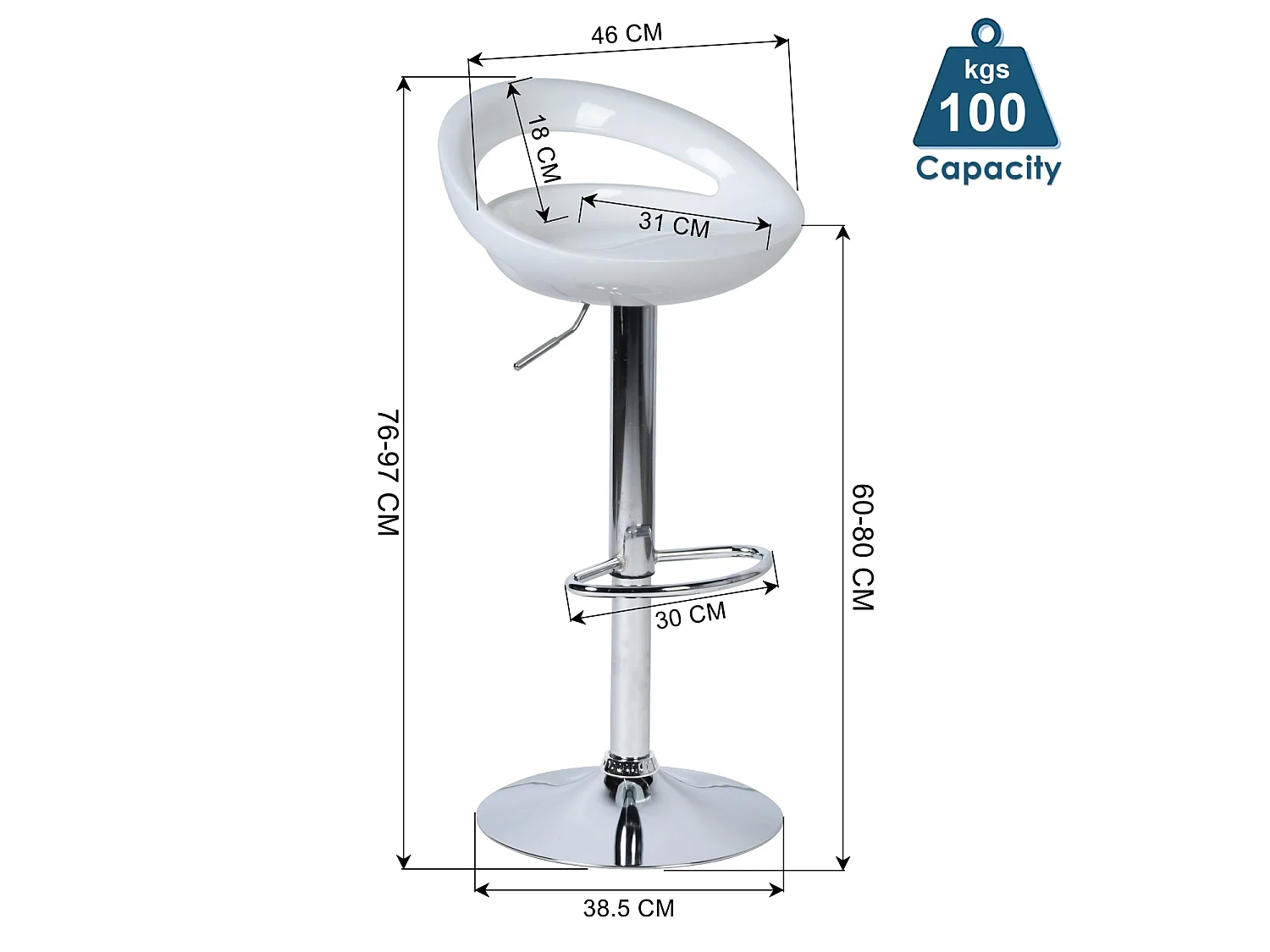 Lot de 2 tabourets de bar pivotants réglables en hauteur ABS blanc brillant ergonomiques profilés avec repose-pieds