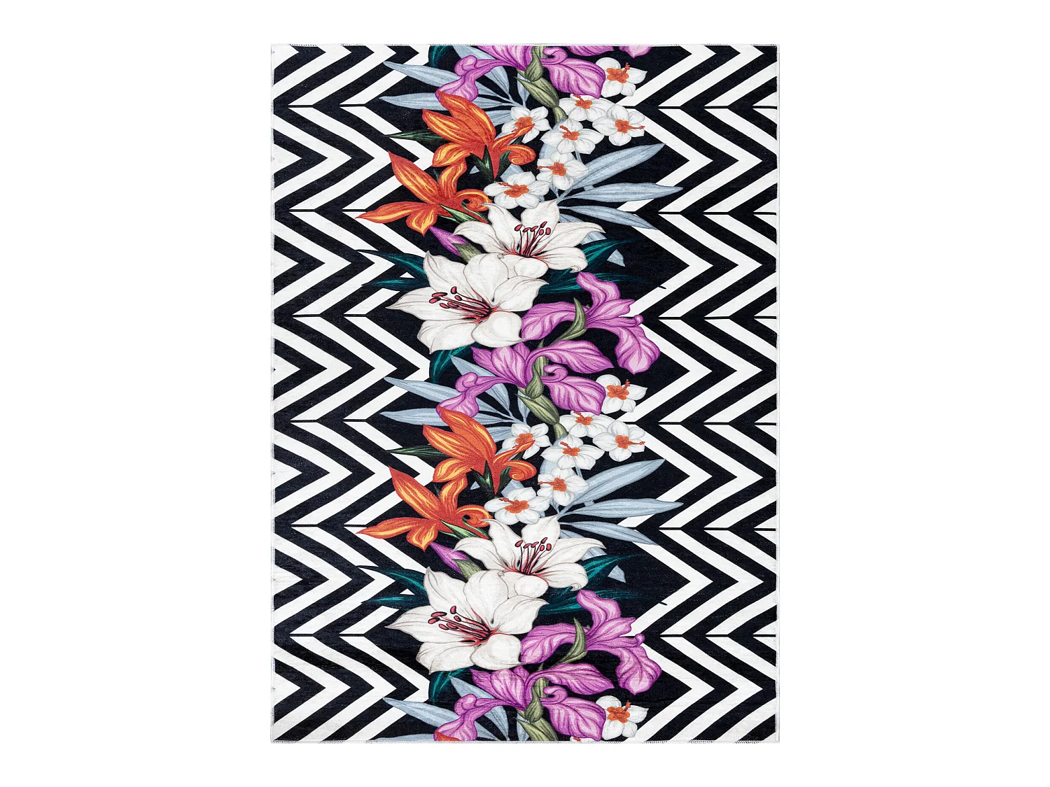 ANDRE 2300 tapijt wasbaar bloemen, zigzag antislip - zwart / witrand 80x150 cm