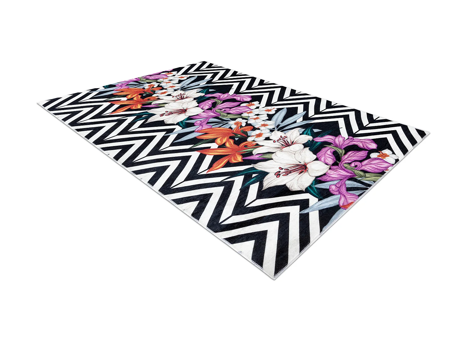 ANDRE 2300 tapijt wasbaar bloemen, zigzag antislip - zwart / witrand 80x150 cm
