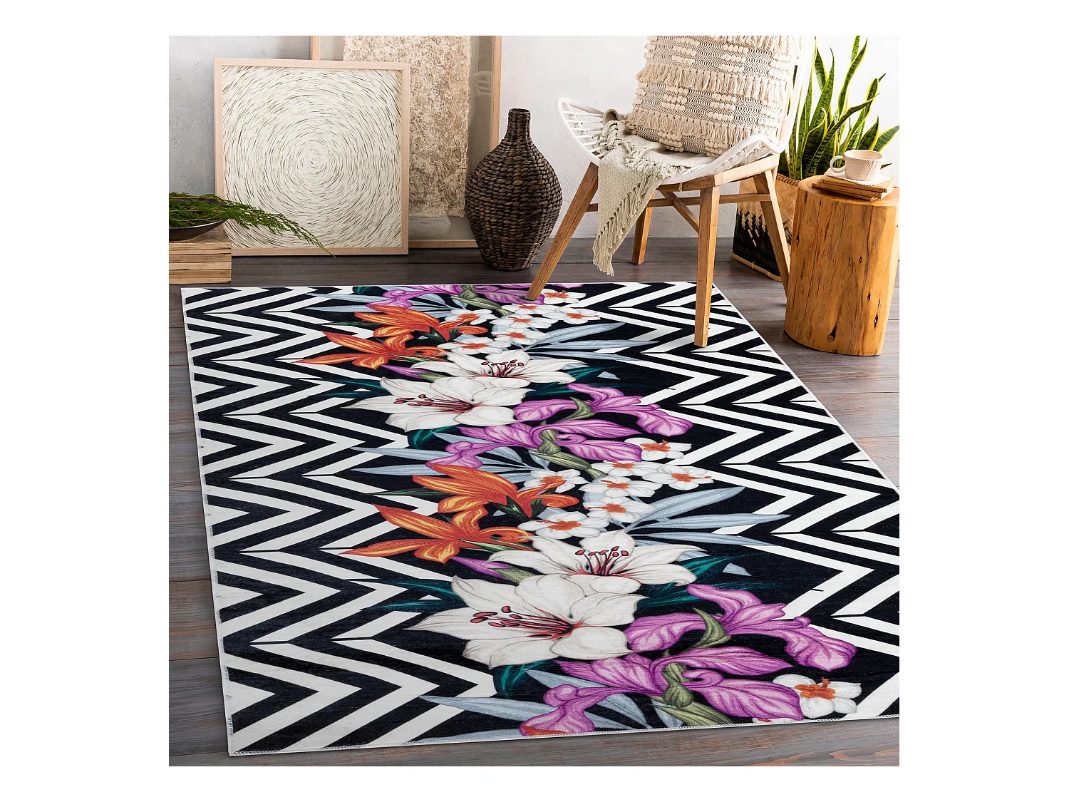 ANDRE 2300 tapijt wasbaar bloemen, zigzag antislip - zwart / witrand 80x150 cm