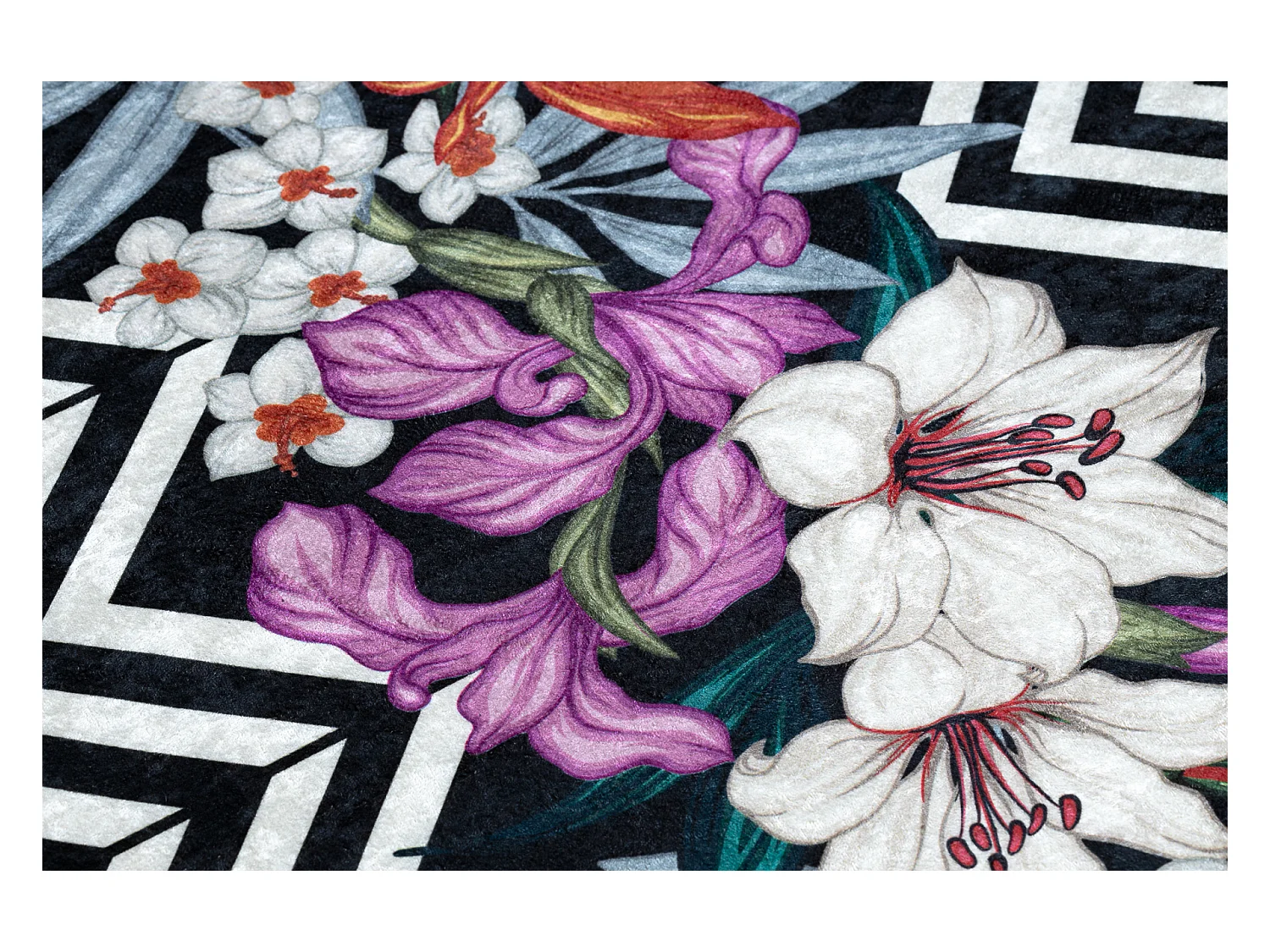 ANDRE 2300 tapijt wasbaar bloemen, zigzag antislip - zwart / witrand 80x150 cm
