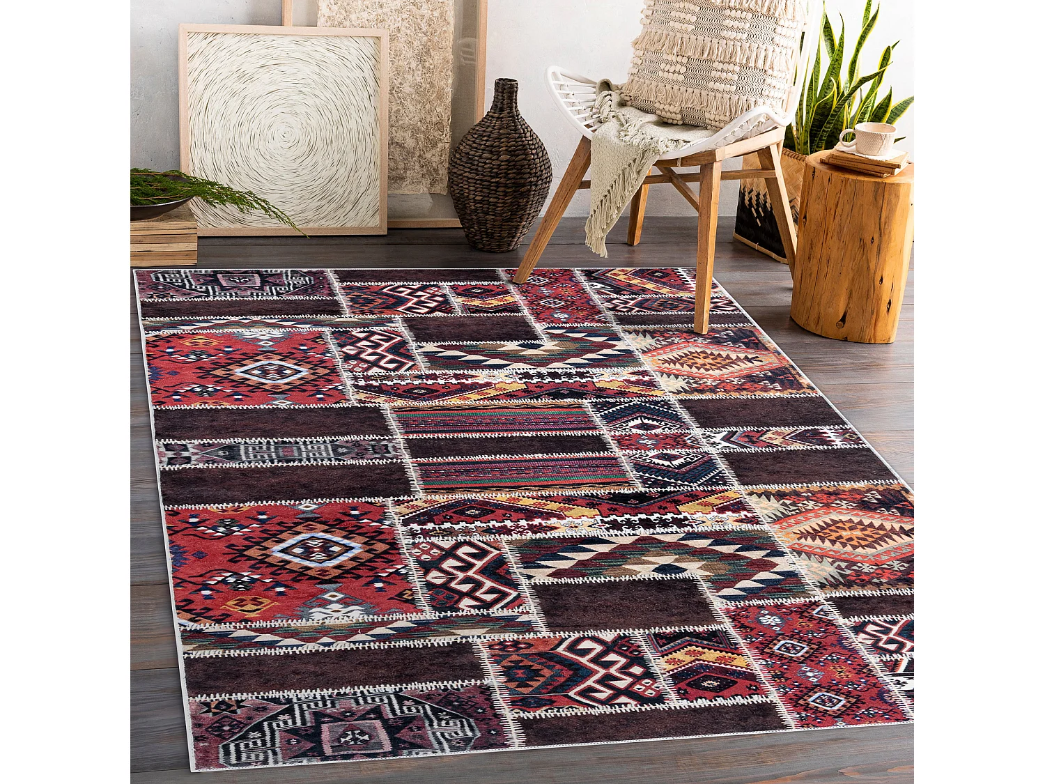 ANDRE 2305 Waschteppich orientalisch Patchwork Anti-Rutsch - rotwein / 120x170 cm