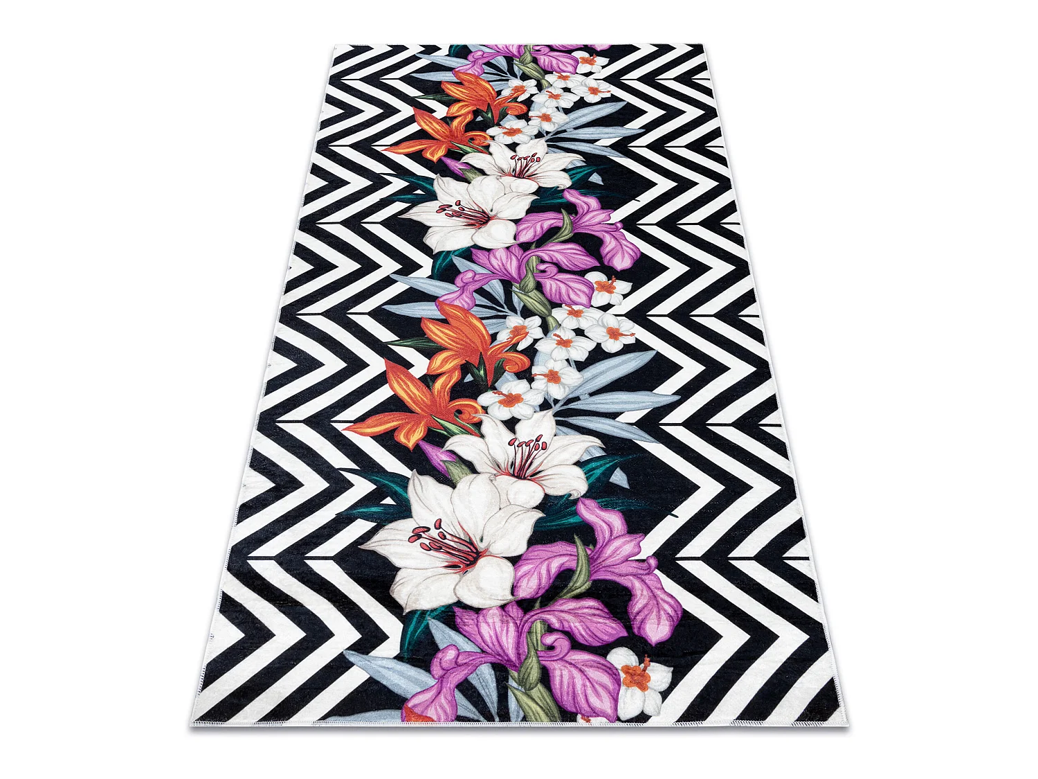 ANDRE 2300 tapijt wasbaar bloemen, zigzag antislip - zwart / witrand 160x220 cm