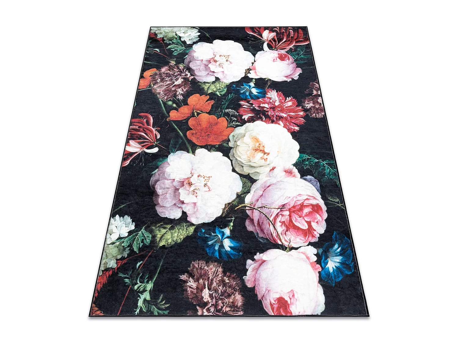 Tapis lavable ANDRE 1629 fleurs vintage antidérapant - noir et rose 120x170 cm