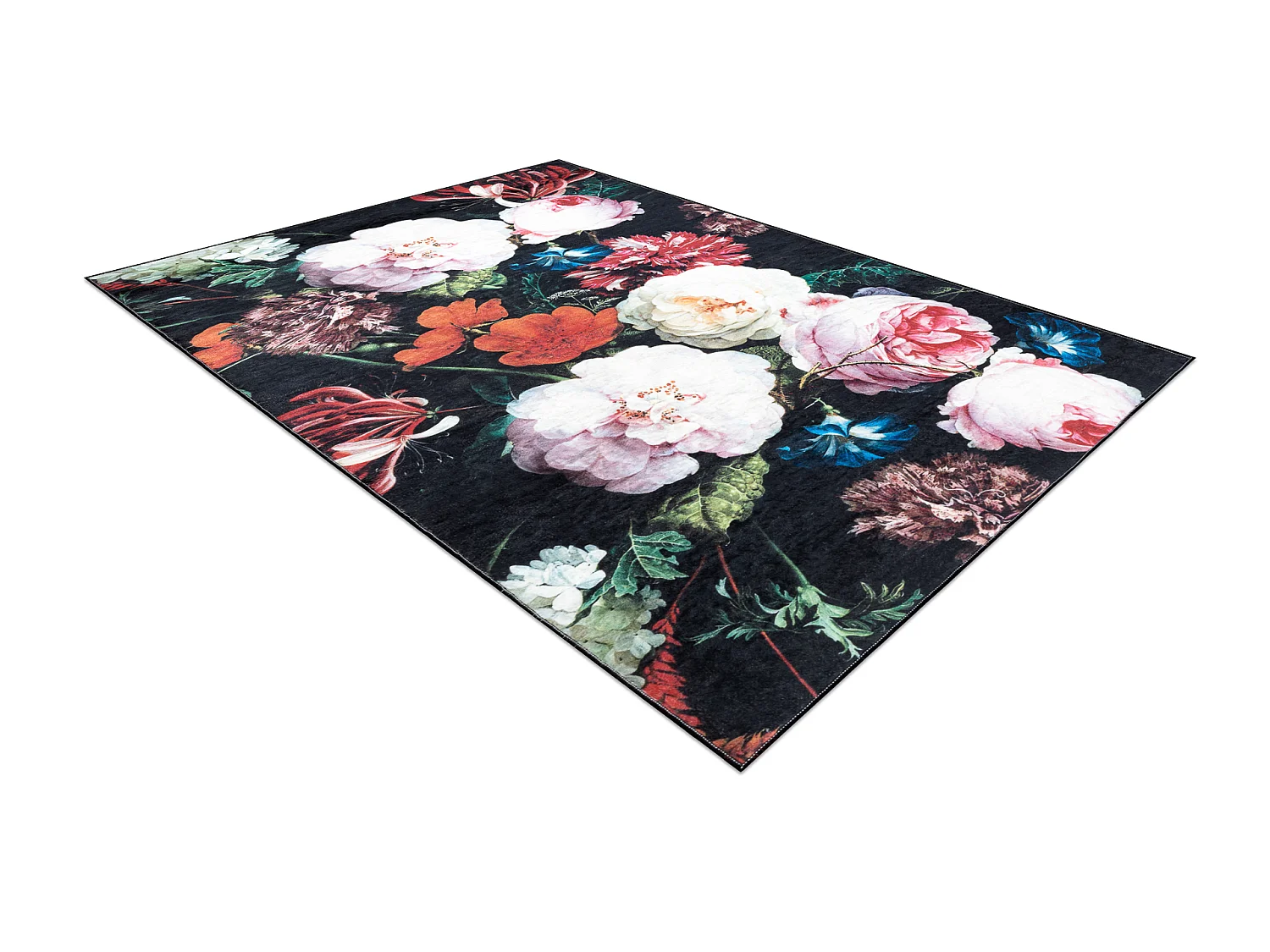 Tapis lavable ANDRE 1629 fleurs vintage antidérapant - noir et rose 120x170 cm