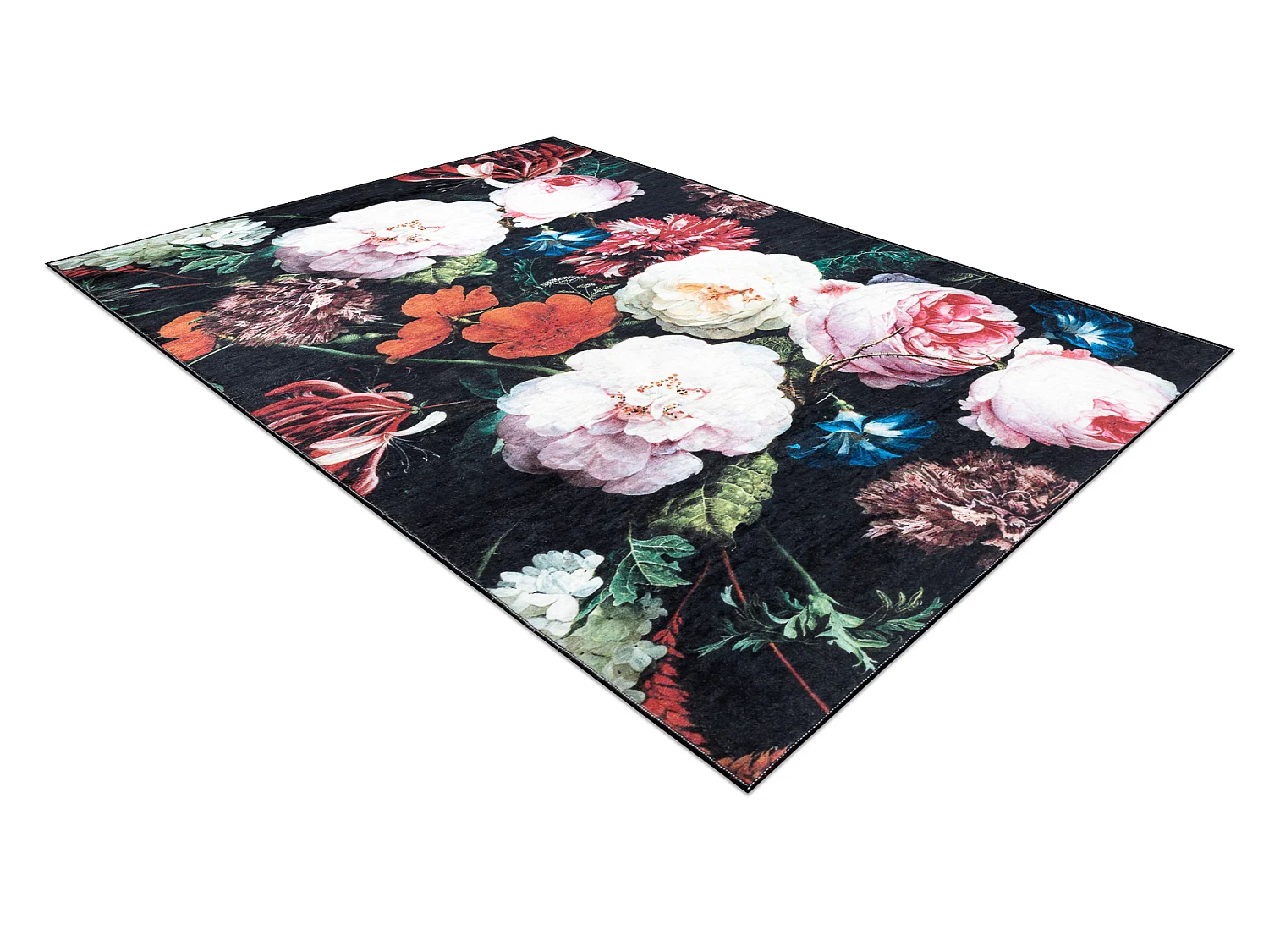 Tapis lavable ANDRE 1629 fleurs vintage antidérapant - noir et rose 120x170 cm