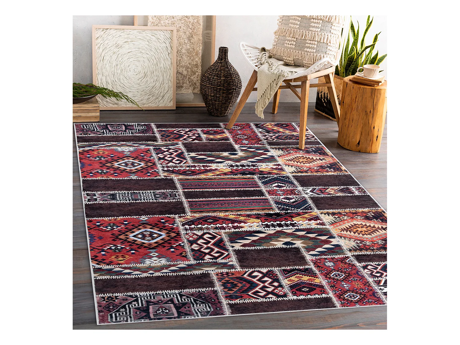 Tapis lavable ANDRE 2305 oriental patchwork antidérapant - bordeaux / 160x220 cm