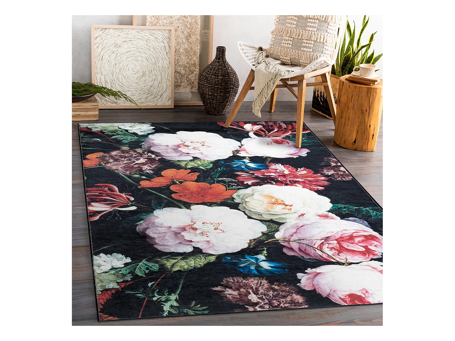 Dywan do prania ANDRE 1629 Kwiaty antypoślizgowy - czarny / róż 80x150 cm