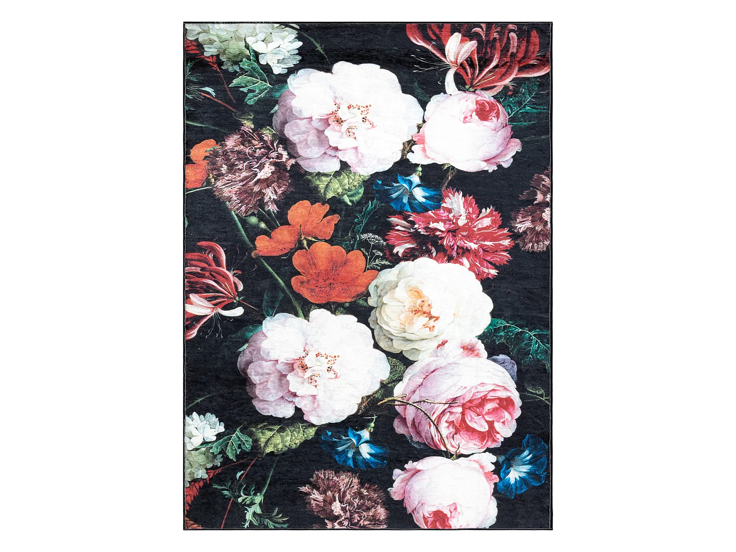 Tapis lavable ANDRE 1629 fleurs vintage antidérapant - noir et rose 80x150 cm