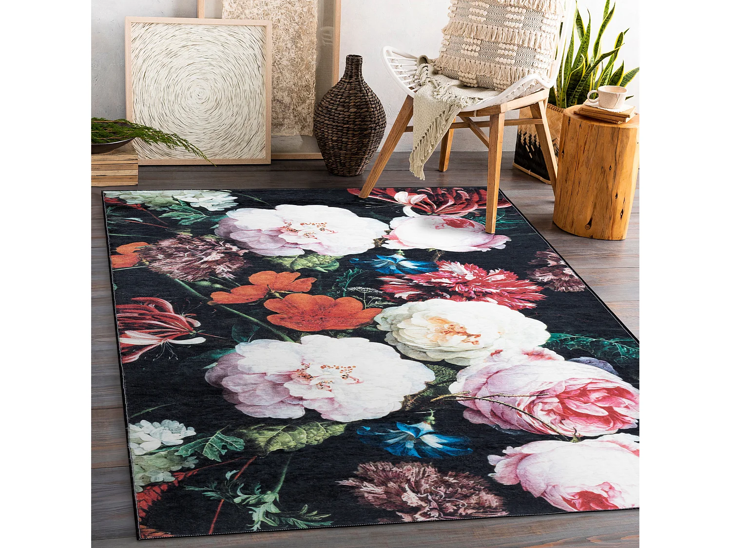 Tapis lavable ANDRE 1629 fleurs vintage antidérapant - noir et rose 80x150 cm