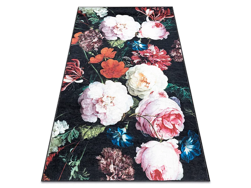 ANDRE 1629 Waschteppich Blumen vintage Anti-Rutsch - schwarz / rosa 80x150 cm