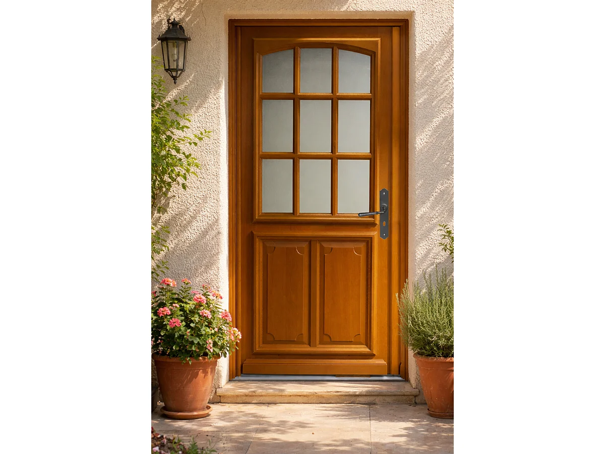 Porte D'entrée Bois Vitrée Marine, H.200 X L.90 Côte Tableau P. Gauche Gd Menuiseries