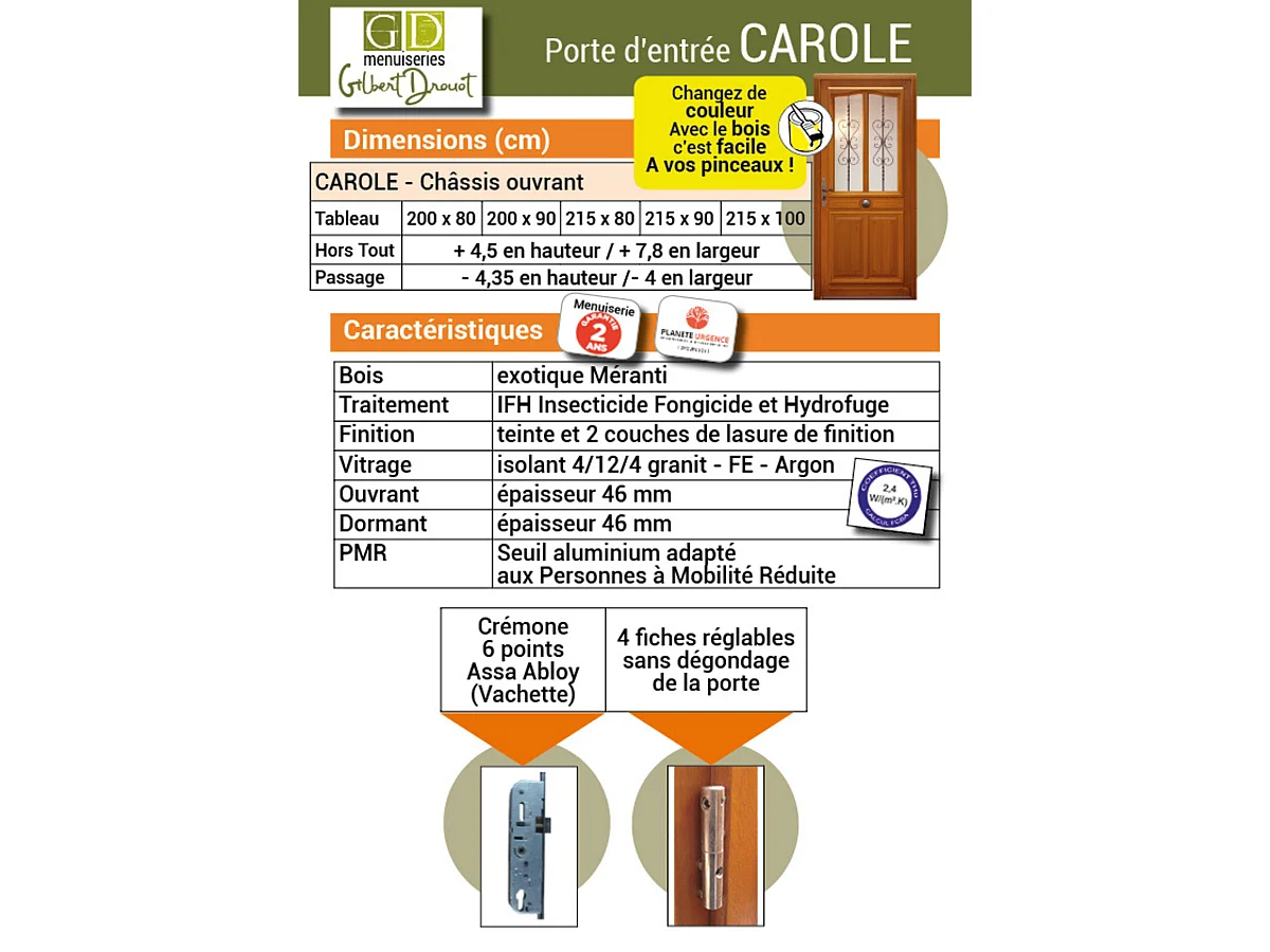 Porte d'entree Bois vitree, Carole, H,215xl,80 p, droit Cotes Tableau