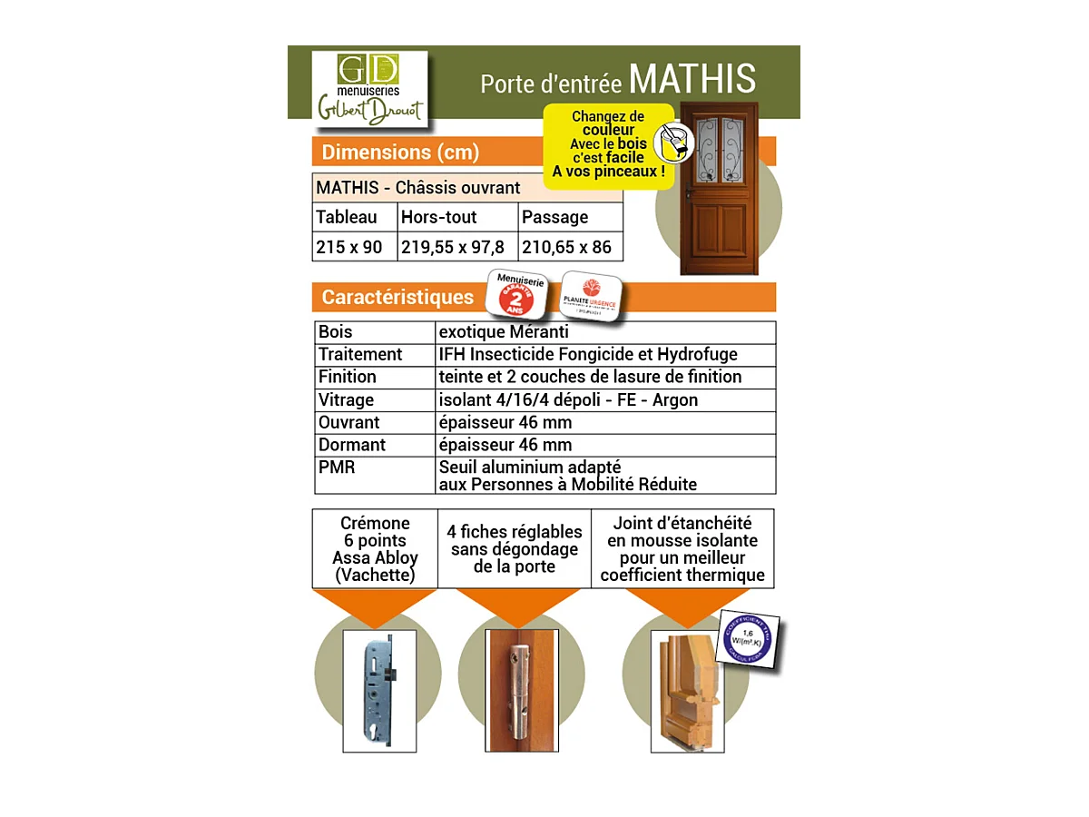 Porte d'entree Bois vitree, Mathis, H,200xl,80  p, droit Cotes Tableau