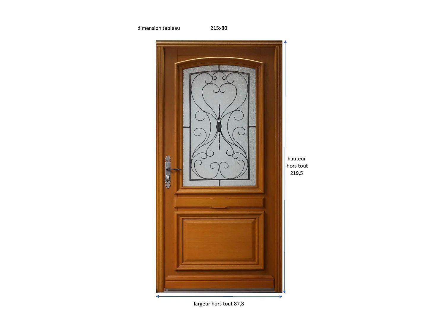 Porte d'entree Bois vitree, Marine, H,215xl,80 p, droit Cotes Tableau