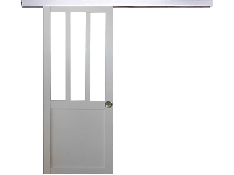 Porte Coulissante Atelier Blanc H204 X L93 + Rail Alu Et Coquilles Gd Menuiseries