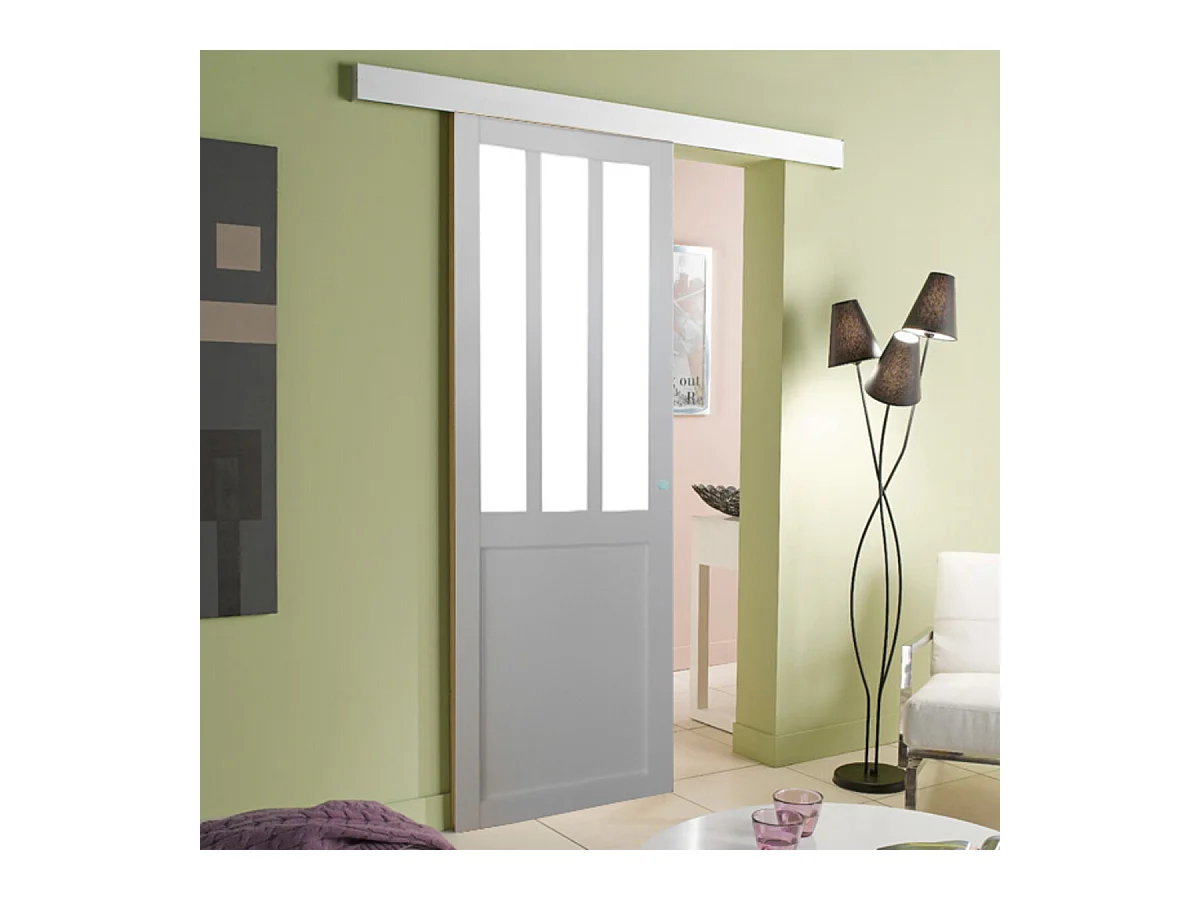 Porte Coulissante Atelier Blanc H204 X L93 + Rail Alu Et Coquilles Gd Menuiseries