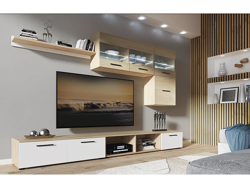 Fernsehwandschrank Modell PARIS, modern mit Leds, Wohnzimmer, Esszimmer, fertig in Farbe Eiche/Weiß, Maße: 250x190x42cm