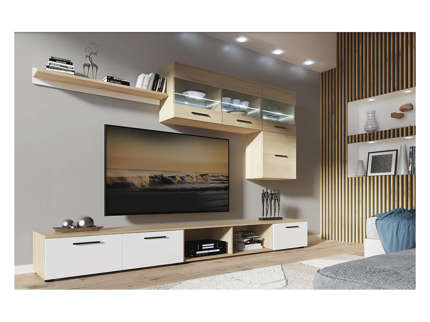 Salon PARIS, moderne, salle à manger avec Leds, finition Chêne/Blanc, 250x42x190cm