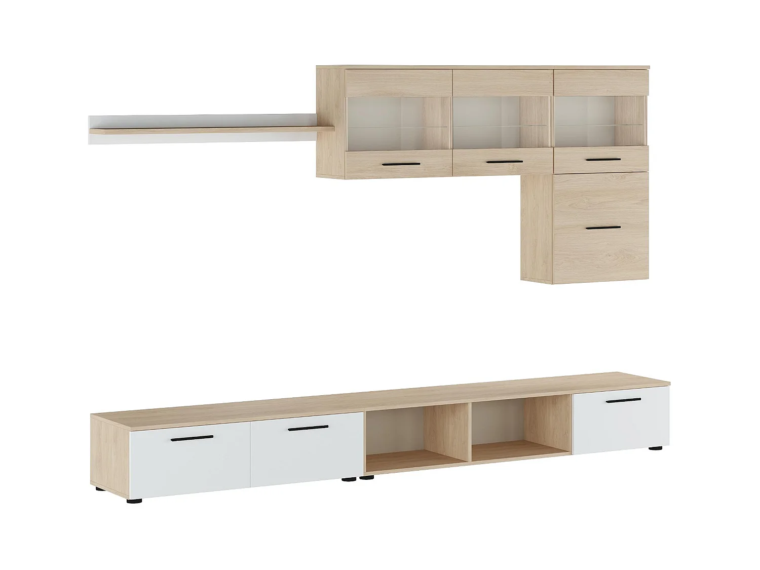 Salon PARIS, moderne, salle à manger avec Leds, finition Chêne/Blanc, 250x42x190cm