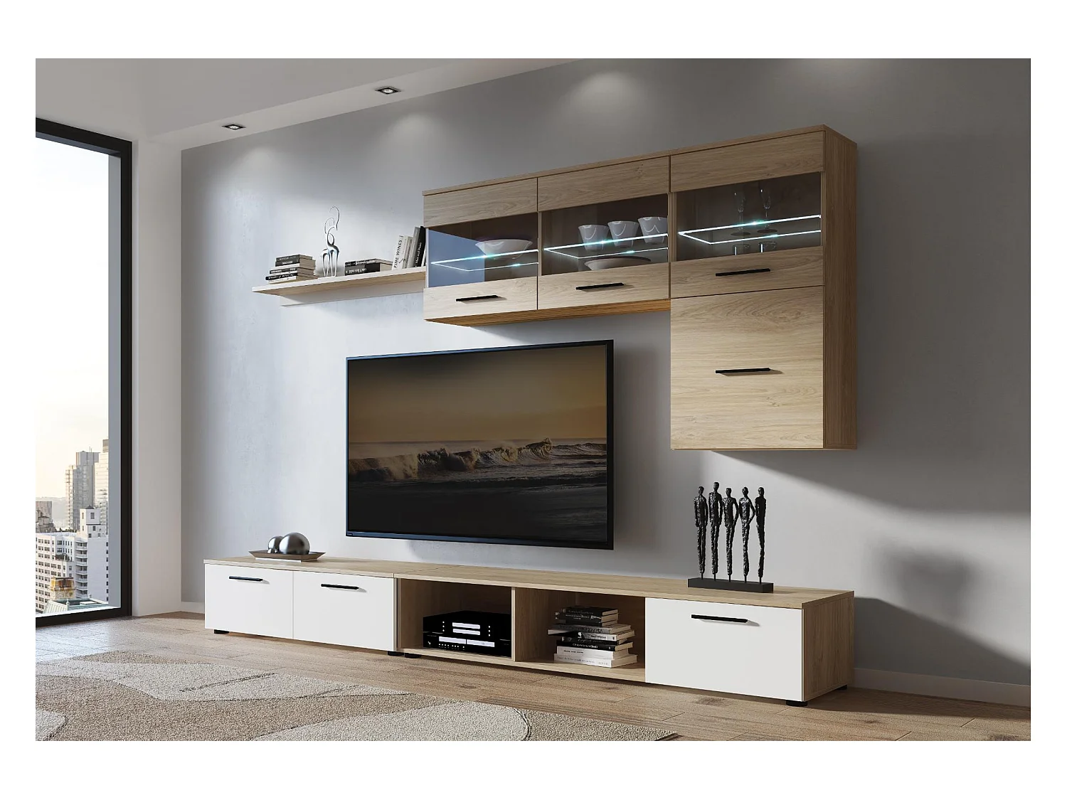 Salon PARIS, moderne, salle à manger avec Leds, finition Chêne/Blanc, 250x42x190cm