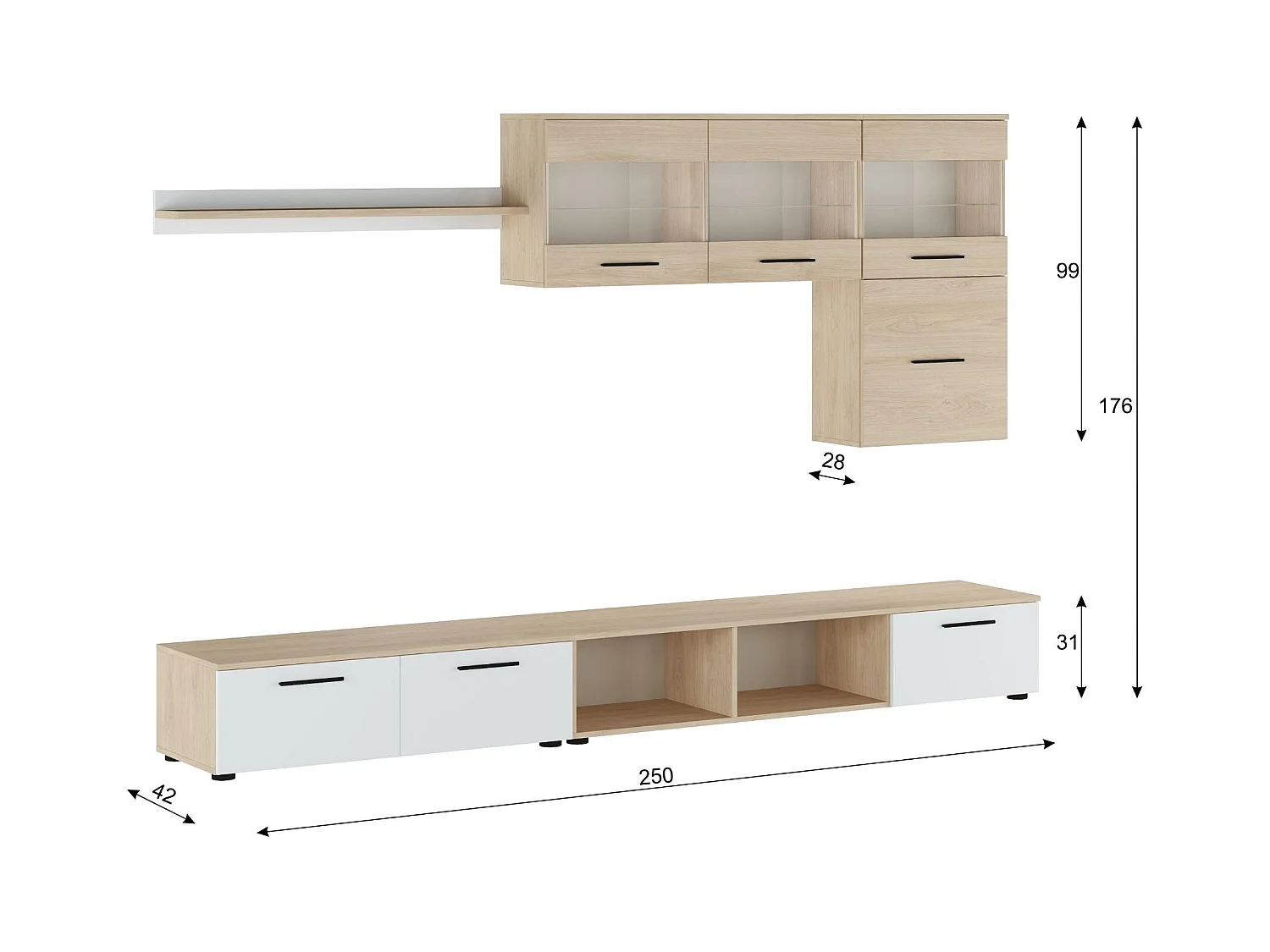Salon PARIS, moderne, salle à manger avec Leds, finition Chêne/Blanc, 250x42x190cm