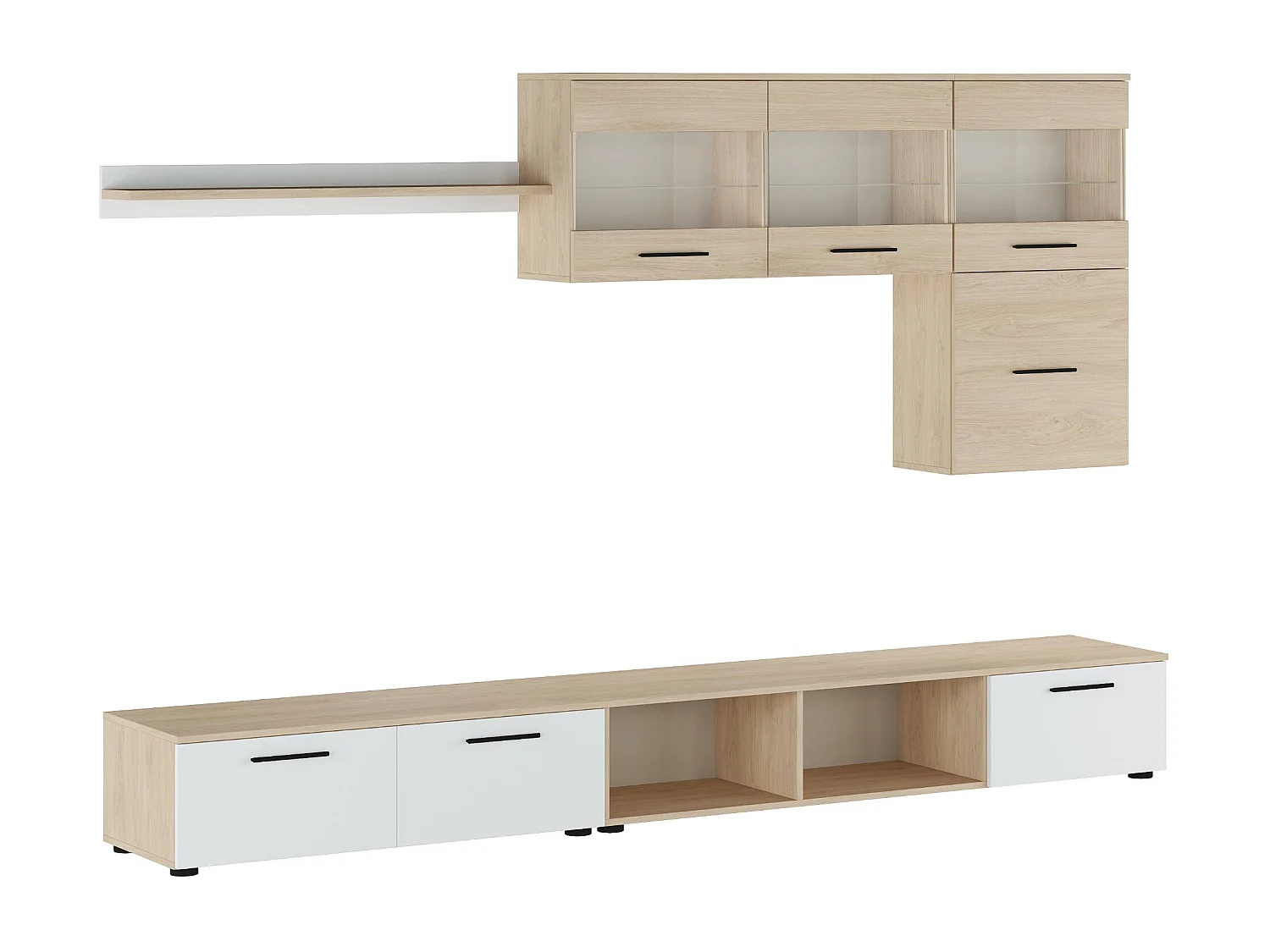 Salon PARIS, moderne, salle à manger avec Leds, finition Chêne/Blanc, 250x42x190cm