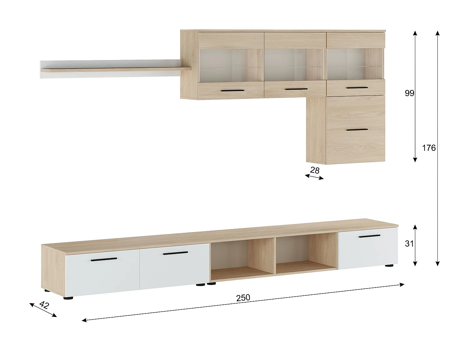 Salon PARIS, moderne, salle à manger avec Leds, finition Chêne/Blanc, 250x42x190cm