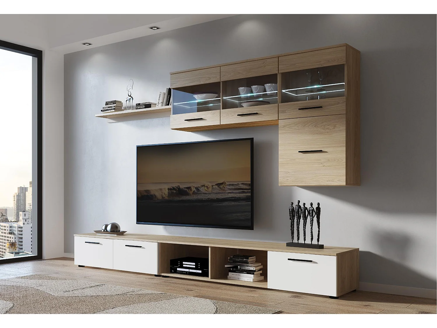 Salon PARIS, moderne, salle à manger avec Leds, finition Chêne/Blanc, 250x42x190cm