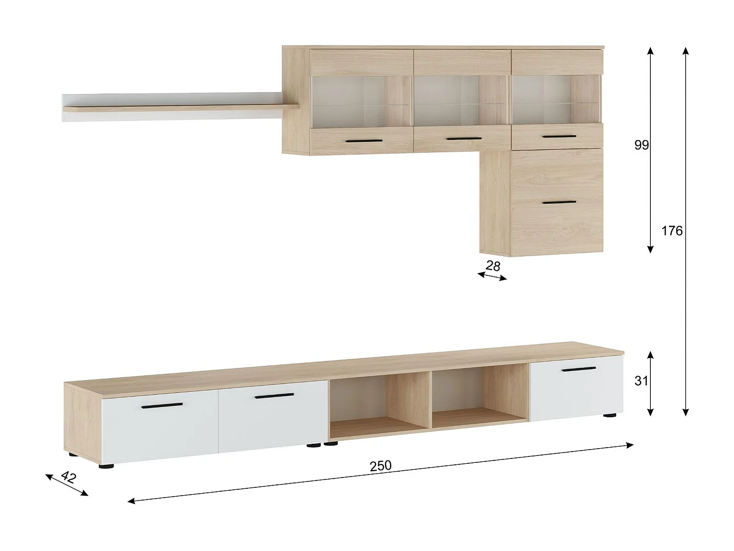 Salon PARIS, moderne, salle à manger avec Leds, finition Chêne/Blanc, 250x42x190cm