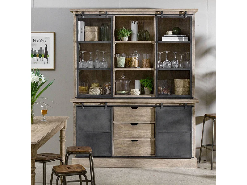 Vaisselier en bois de manguier brossé et métal gris Helsinki