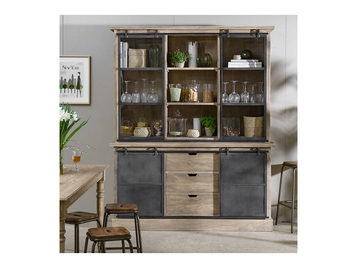 Vaisselier en bois de manguier brossé et métal gris Helsinki