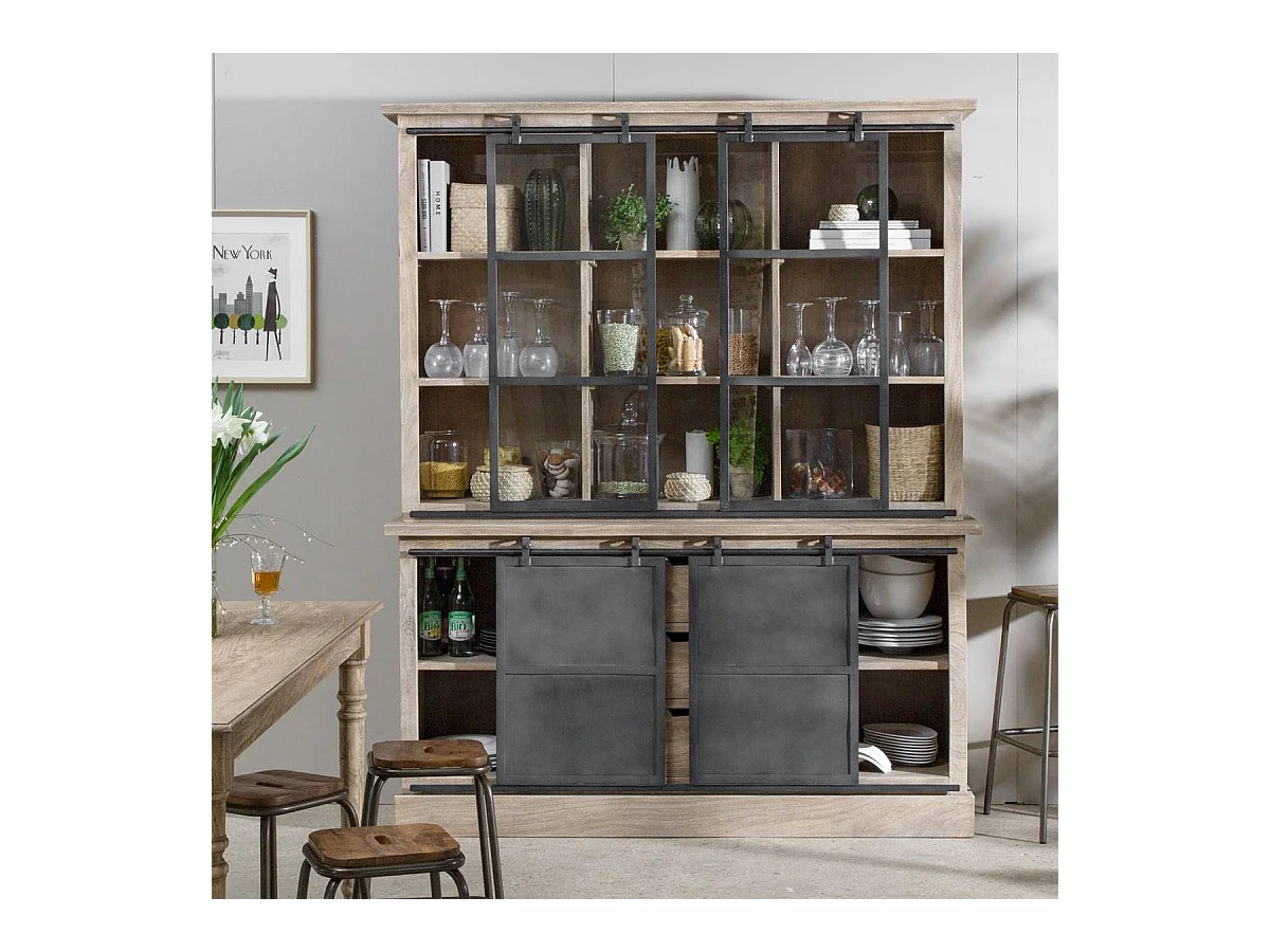 Vaisselier en bois de manguier brossé et métal gris Helsinki