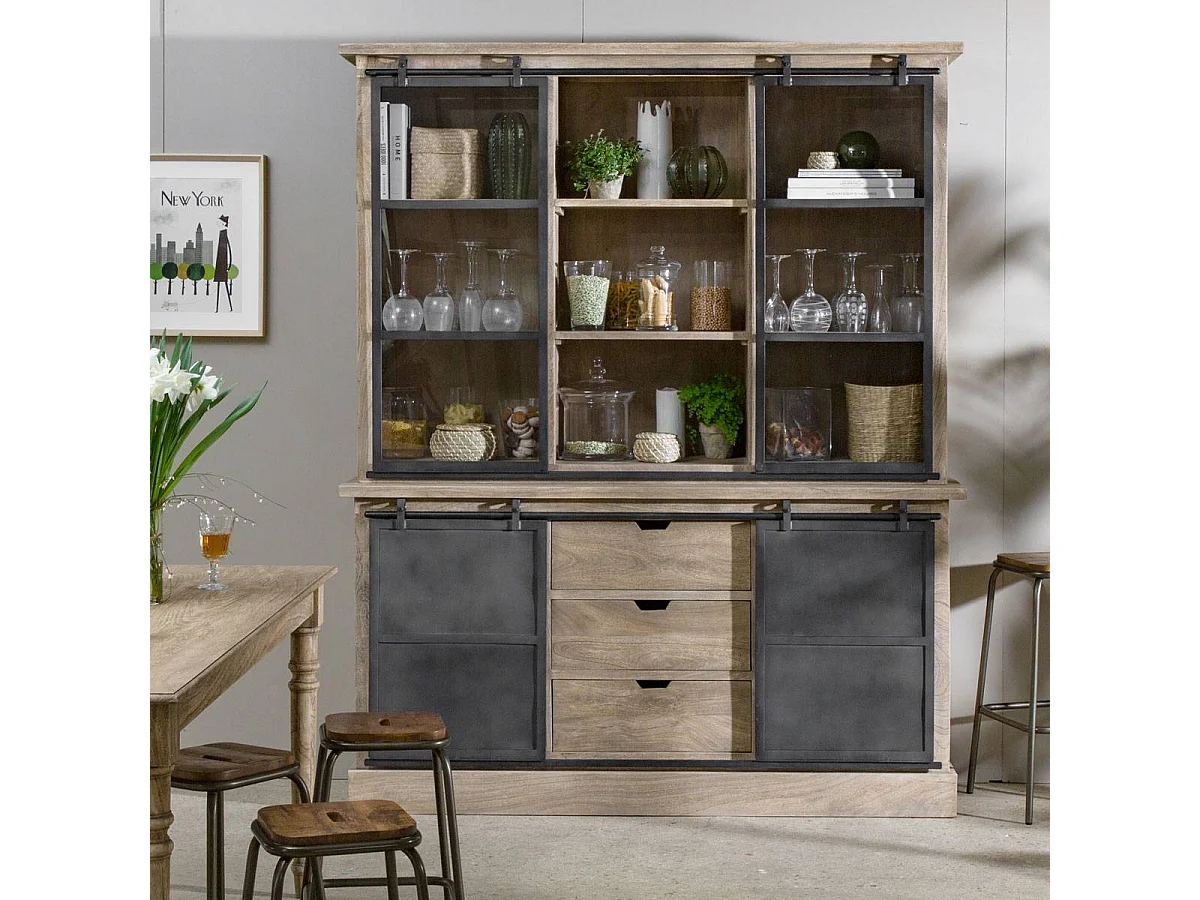 Vaisselier en bois de manguier brossé et métal gris Helsinki