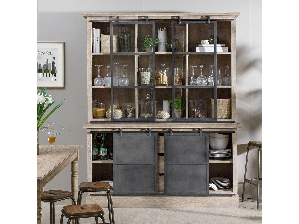 Vaisselier en bois de manguier brossé et métal gris Helsinki