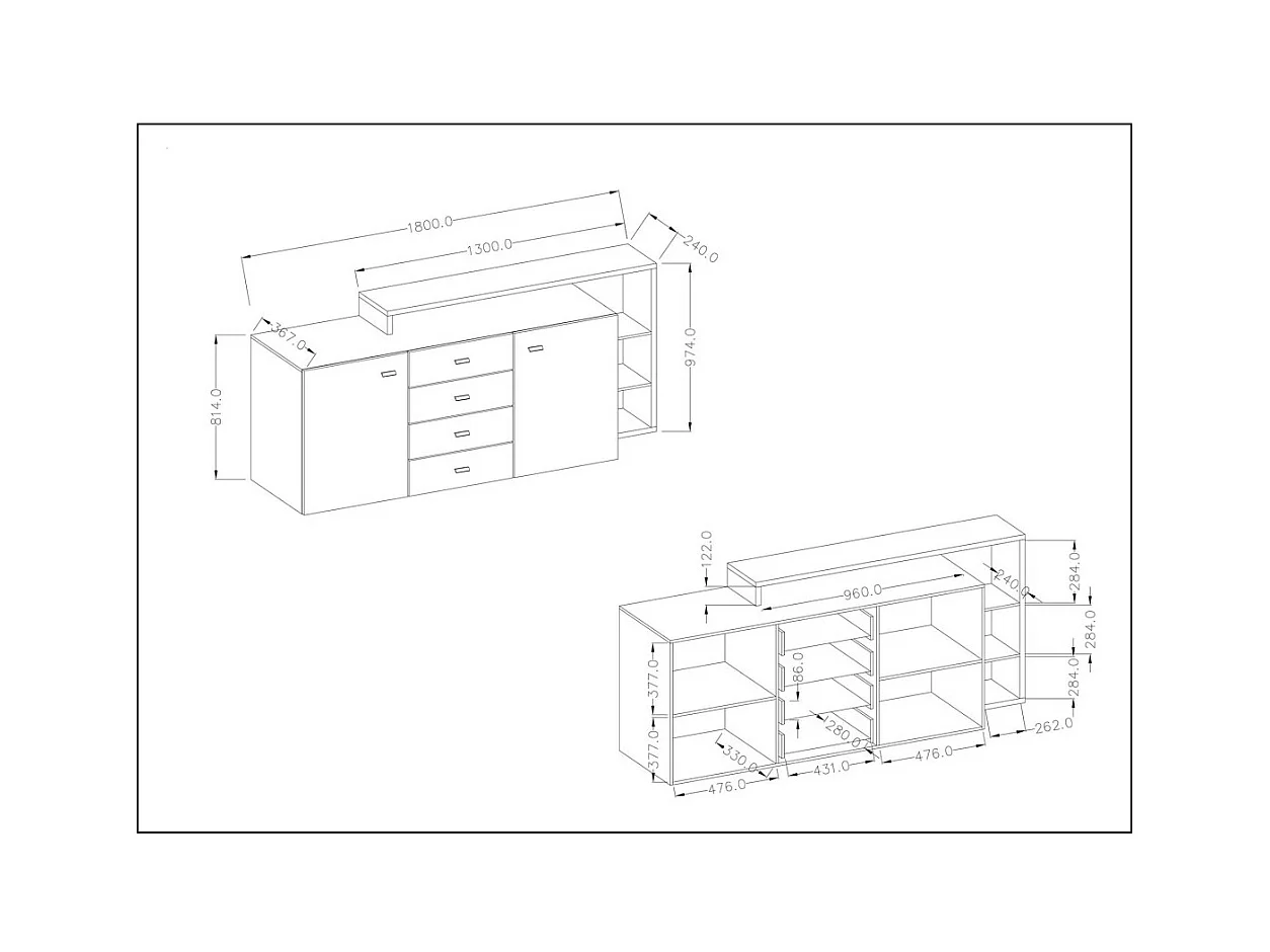 Buffet con estantería integrada colección BERGAME 180cm. Color negro super mate.