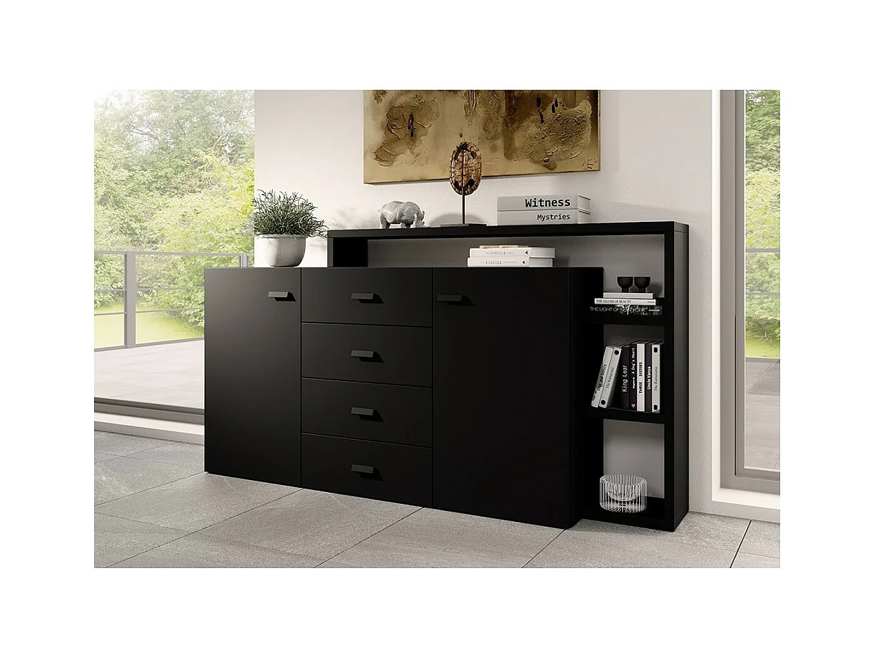 Buffet con estantería integrada colección BERGAME 180cm. Color negro super mate.
