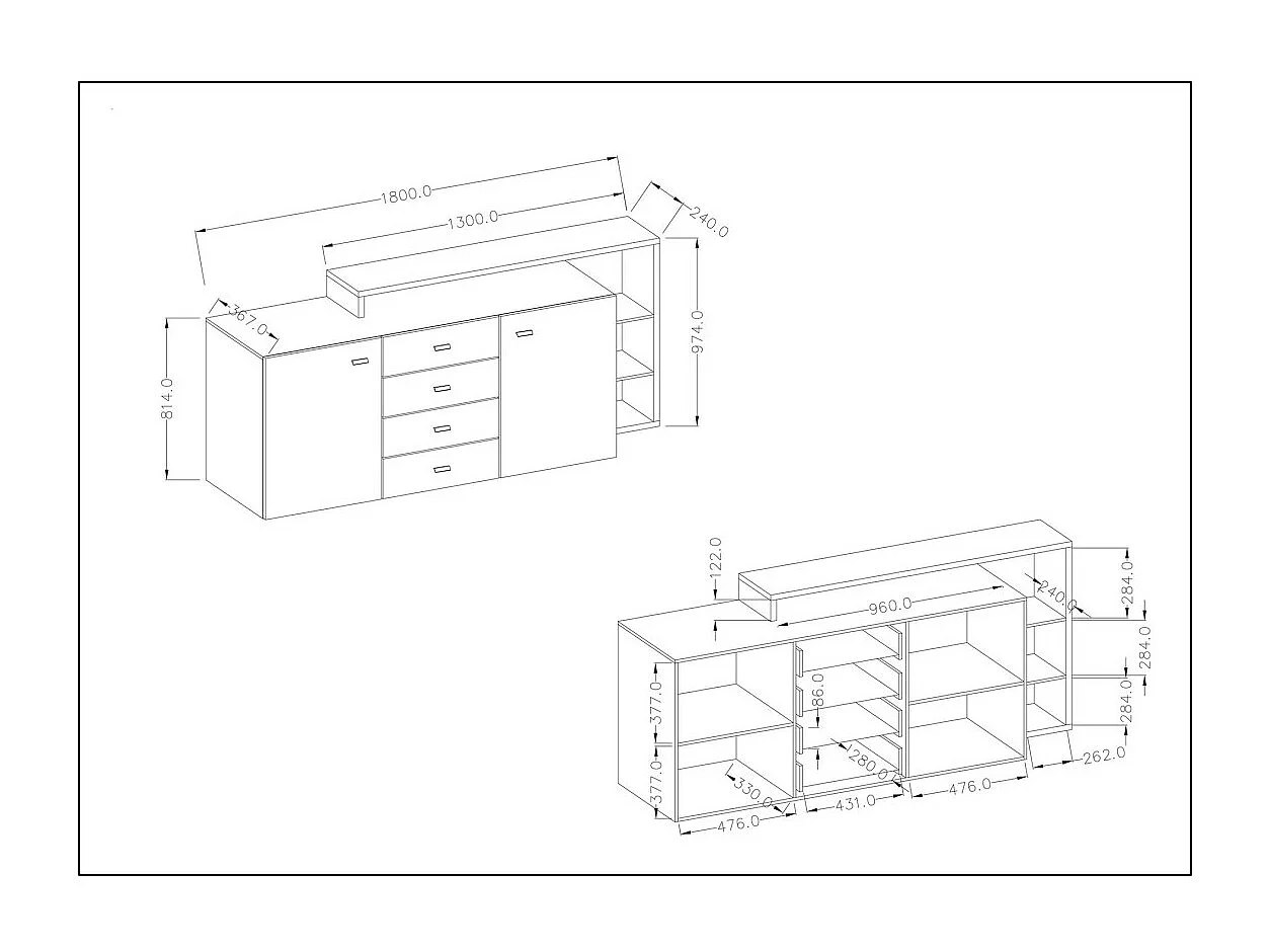 Buffet met ingebouwde planken, collectie BERGAME 180cm. Kleur: super mat zwart.