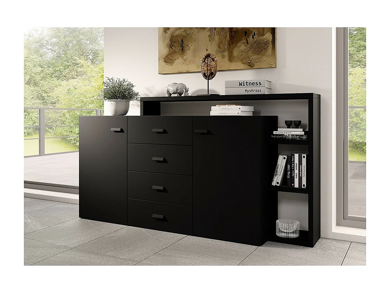 Buffet met ingebouwde planken, collectie BERGAME 180cm. Kleur: super mat zwart.