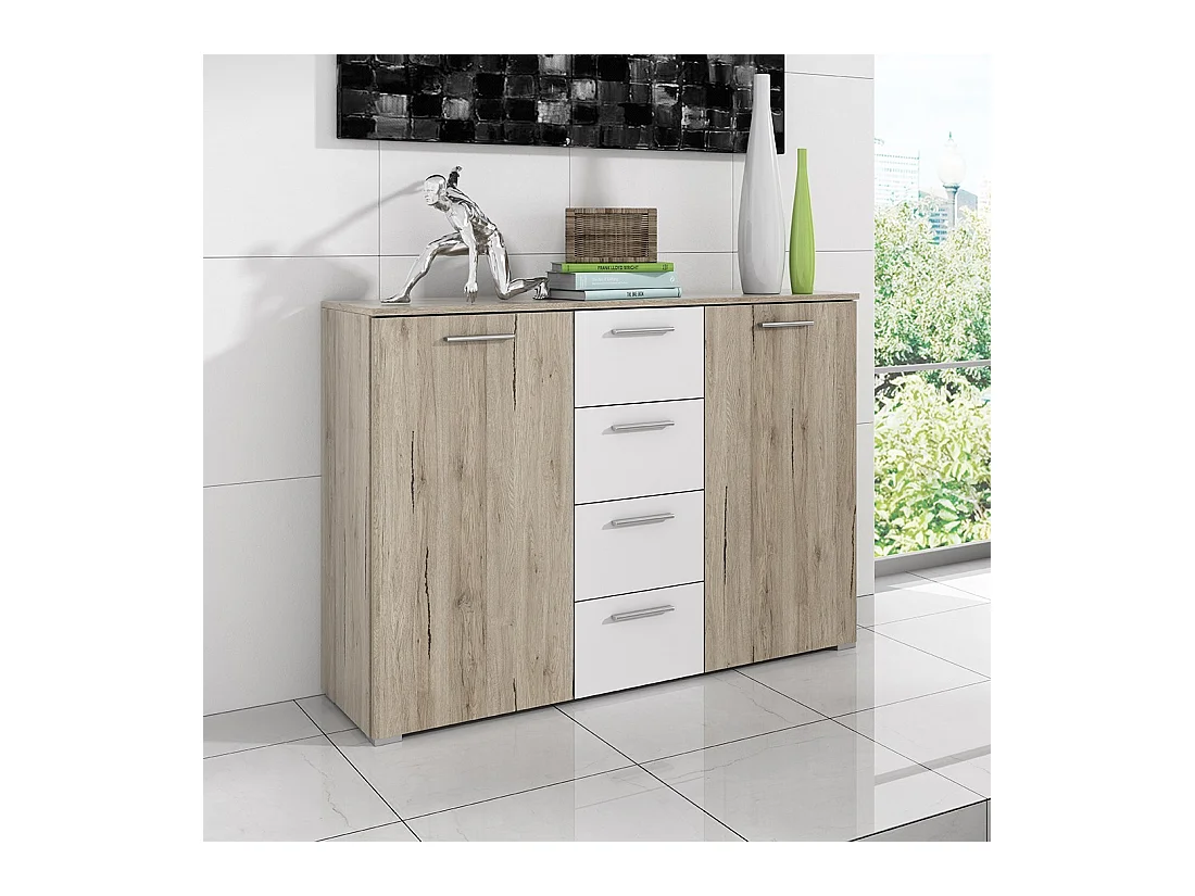 Cômoda design com 2 portas e 4 gavetas de 130cm. Coleção EOS em cor carvalho claro e branco.