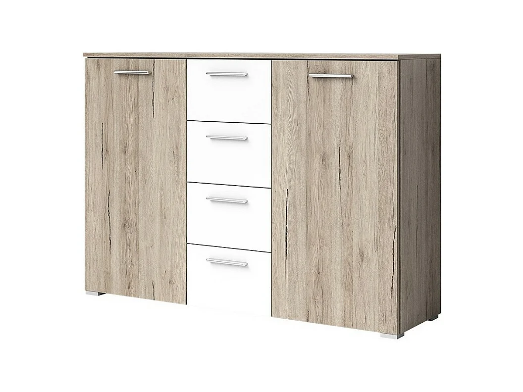 Commode design 2 portes et 4 tiroirs 130cm. Collection EOS coloris chêne clair et blanc