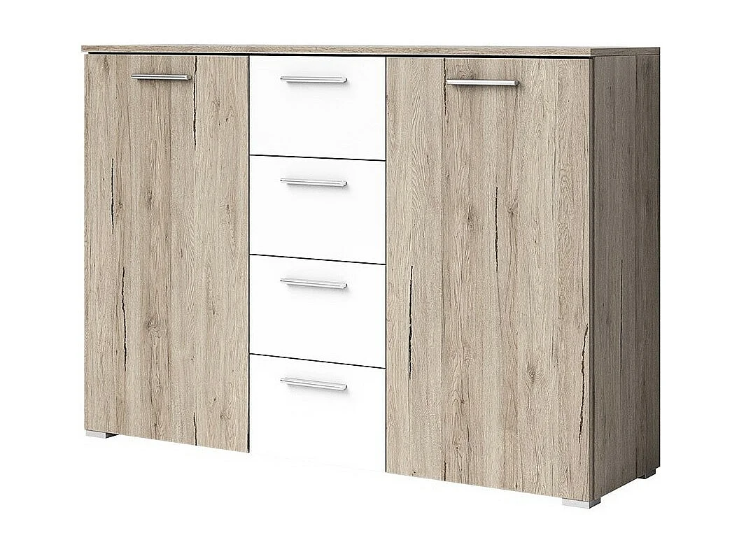 Design dressoir met 2 deuren en 4 laden 130cm. EOS collectie in licht eiken en wit kleur.