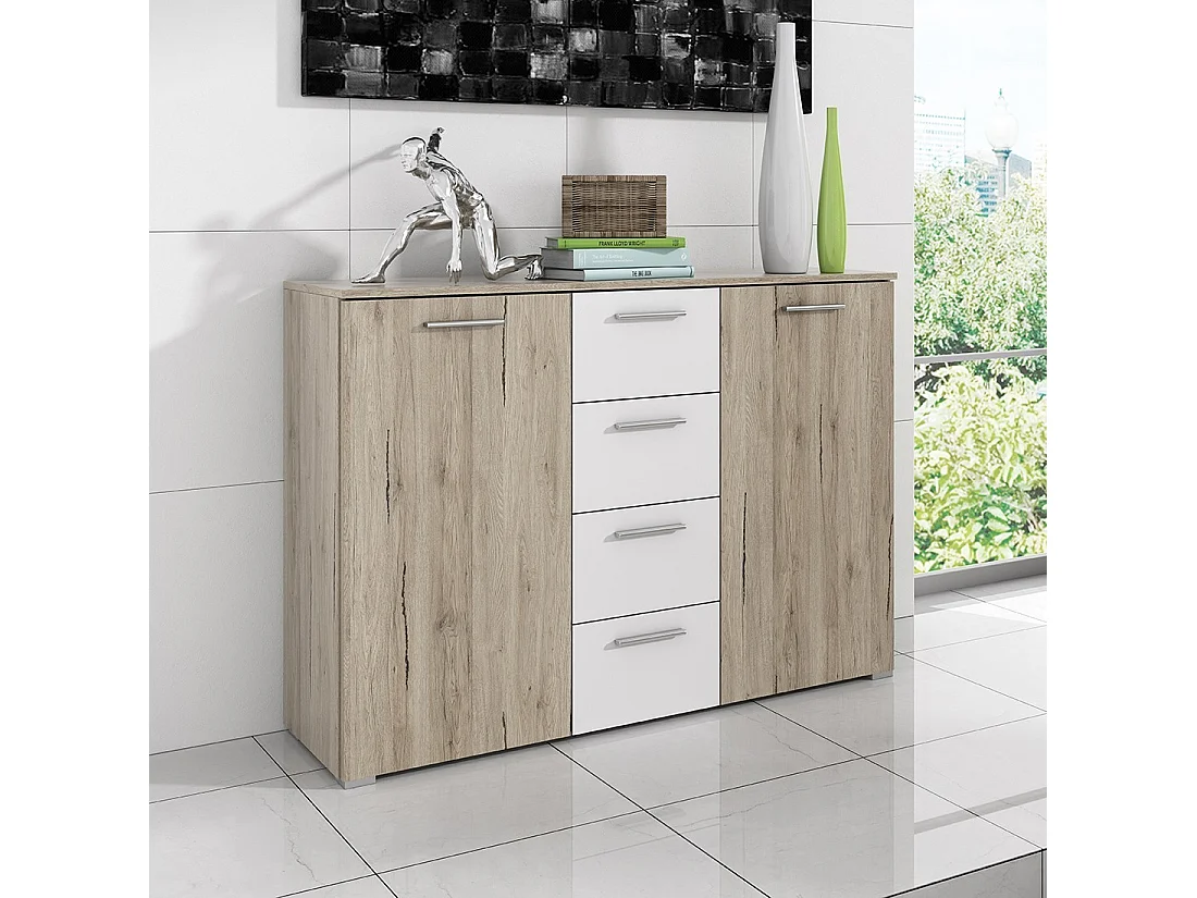 Design dressoir met 2 deuren en 4 laden 130cm. EOS collectie in licht eiken en wit kleur.