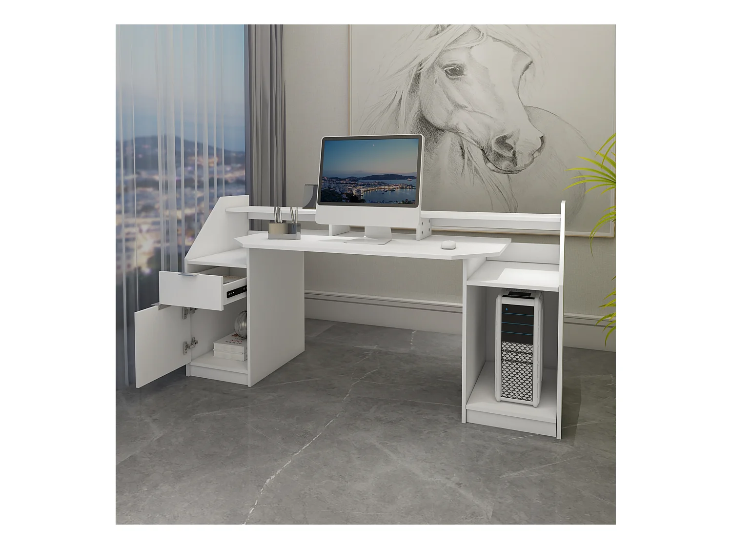 Escritorio ordenador estación de trabajo blanco MDF madera ML-DESIGN