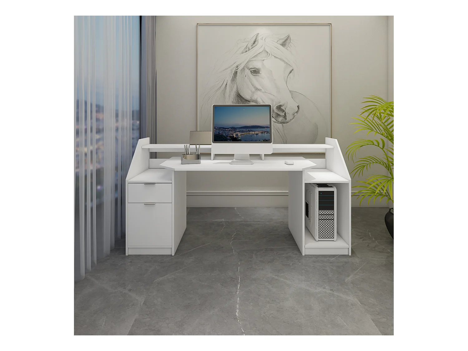Escritorio ordenador estación de trabajo blanco MDF madera ML-DESIGN