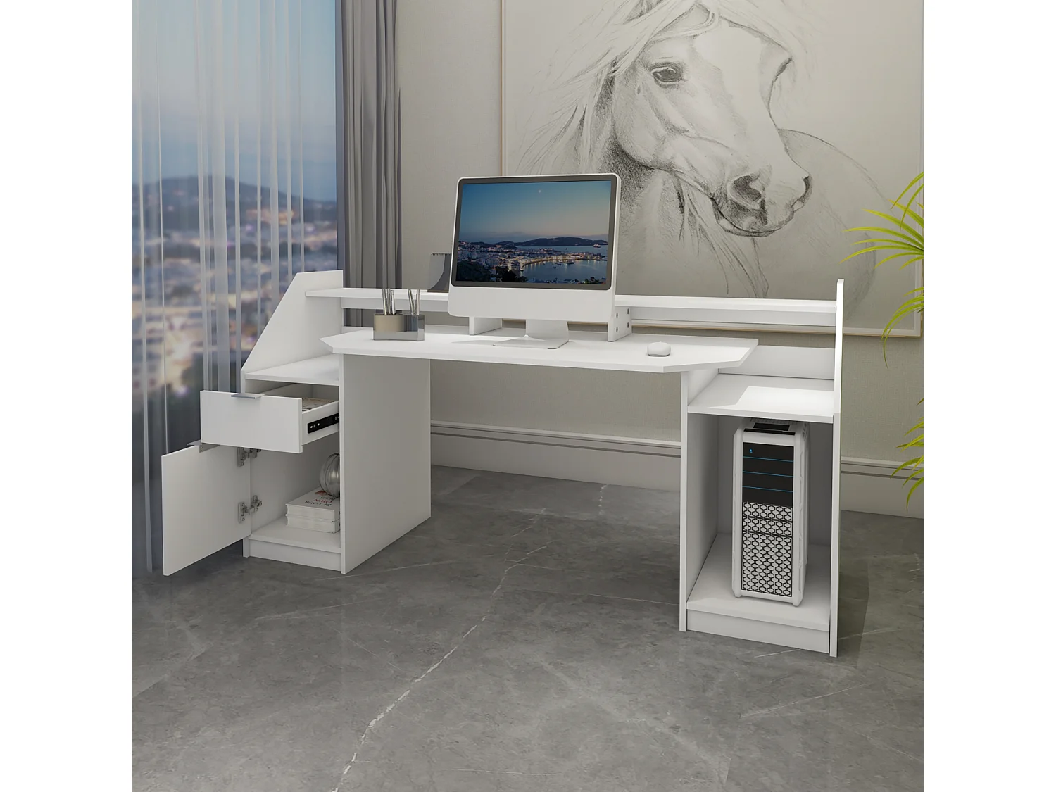 Table d'ordinateur bureau de travail PC en bois MDF blanc ML-DESIGN