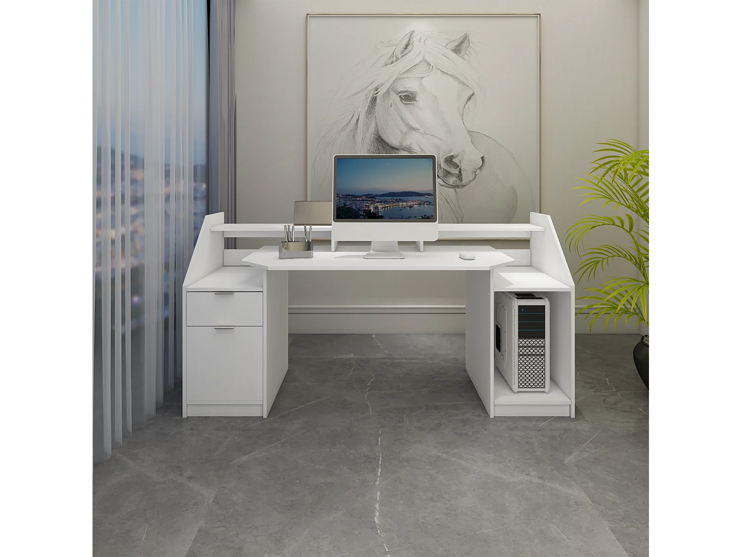 Table d'ordinateur bureau de travail PC en bois MDF blanc ML-DESIGN